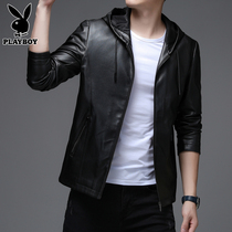 Playboy leather clothing mens autumn new leather jacket trend handsome locomotive clothing spring and autumn hooded jacket mens clothing