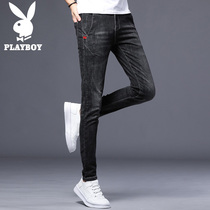Playboy black jeans mens slim small feet autumn thin trendy brand high-end casual long pants mens clothing