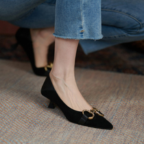 Tis Danny heavy new push French retro black pointed frosted leather middle heel single shoes women 5CM