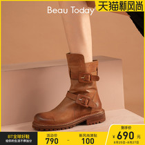  BeauToday2021 spring new motorcycle Martin boots women British style leather mid-barrel knight boots women short boots