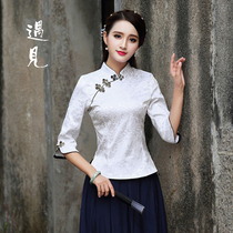 Tea artist overalls Tang suit suit Chinese Republic of China style retro cheongsam-style top short cotton and linen tea suit female summer