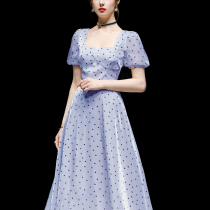 Caring Kiss Polka dot long skirt Temperament waist skirt Short sleeve thin mid-length dress Womens summer clothes