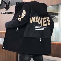 Playboy mens long jacket 2021 Spring and Autumn New hooded trend casual tooling windbreaker jacket