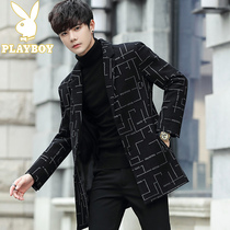 Playboy Plaid Windbreaker Mens Spring and Autumn 2021 New Korean Trend Long Mauni Coat