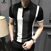 Rich bird polo shirt mens short-sleeved stripes summer trend wild business Korean style slim color high-end leisure trend