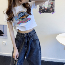 Pure cotton short-sleeved t-shirt womens summer loose new design sense niche umbilical short top with high waist wide leg pants