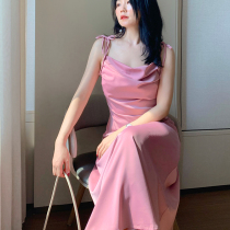 A long skirt for fat mm dress 2023 summer new strap with French sexy hanging satin fold a long skirt