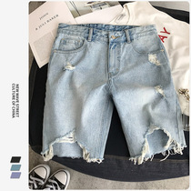 Denim shorts mens summer thin mens cut-out five-point pants trend wear loose and wild 5-point pants trend brand