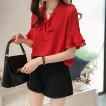 Korean Chiffon shirt womens short-sleeved summer fat plus size loose top Womens ruffle sleeves thin belly-covering base shirt