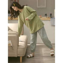 2022 new pyjamas womens spring and autumn pure cotton long sleeve autumn winter set head pure color plaid home clothing two suits