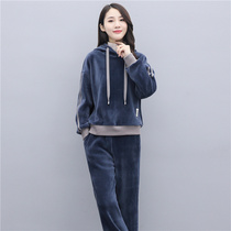 Plus velvet velvet casual sweater set women 2021 Winter double-sided velvet hooded high neck wide leg pants sports two-piece set