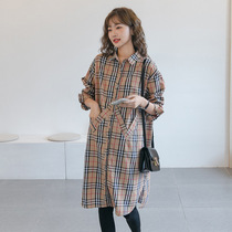 Pregnant womens autumn personality design fashion Plaid thin shirt cotton large size foreign style long coat