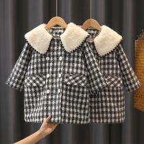 Girls woolen coat grid new autumn and winter foreign air in the middle of a child female baby thickened in the winter clothing