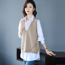 Knitted vest shirt two-piece womens autumn 2021 New Age-reducing shirt vest jacket spring and autumn set