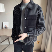 Jacket mens wool coat short autumn and winter 2021 new loose trend stripes thickened casual autumn clothes