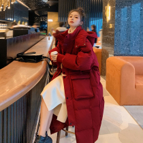 Anti-season red down cotton jacket womens long knee 2021 Winter New ins tide fried street cotton-padded jacket