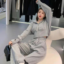 Gray sports suit women 2021 new spring and summer fashion sweater high waist drawstring pair casual two-piece set