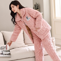 Winter pajamas womens three-layer thickened winter padded jacket pajamas set can wear coral flannel home clothes