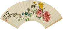 Art micro-spray Wu Changshuo Gengzi (1900) year made autumn chrysanthemum figure fan 50x23cm