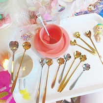Net red creative cherry blossom small spoon Cute household stainless steel long handle dessert coffee spoon Heart-shaped short handle mixing spoon