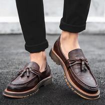 Leather mens leather shoes autumn Korean fashion casual shoes British retro Joker one pedal tassel small leather shoes men