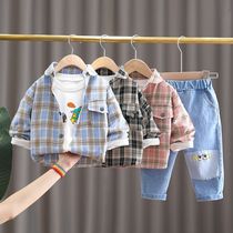 Children Korean version of boys handsome autumn three-piece baby shirt sweater pants suit trend spring and autumn clothes tide