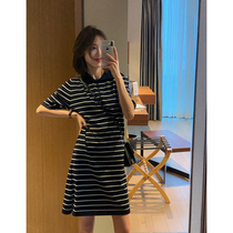  Atuxiu Korean summer super cool silk striped polo collar dress womens casual lapel mid-length T-shirt skirt
