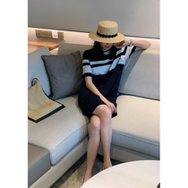  Atuxiu Korean summer super cool silk round neck striped dress Womens mid-length t-shirt skirt short-sleeved knitted skirt