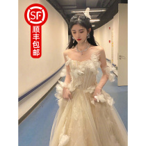 Bow Qian Yi Identical Clothes High-end Host Banquet Evening Dress dress Dress Temperament Fairy fairy Fairy Smear Mesh Yarn Skirt