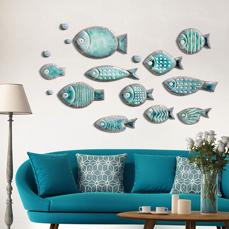 Mediterranean ceramic fish wall decoration creative living room dining room sofa background wall decoration three-dimensional pendant wall hanging