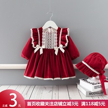 Girls dress autumn and winter clothes baby red plus velvet clothes baby one year old week dress birthday princess dress