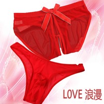 Mens and womens couple panties double temptation Red mesh transparent convenient outdoor hollow out front opening Lace pants