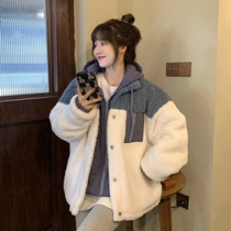 Winter cotton-padded women Korean students loose size imitation Lamb hair stitching fake two hooded padded coat