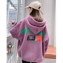 Girl coat 2021 Spring and Autumn New fleece children plus velvet padded thick medium child foreign cardigan sweater autumn