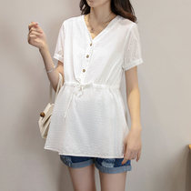 Maternity summer shirt 2021 new short-sleeved loose V-neck top Korean version of the foreign style large size all-match cotton shirt