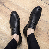 Summer breathable leather business leather shoes mens Korean version of the British casual soft leather black youth dress mens shoes