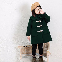 Girls woolen cashmere coat baby 2021 New horn buckle long childrens autumn and winter woolen coat childrens clothing