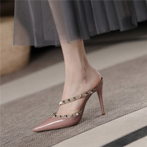  2021 spring and summer rivet pointed high heels all-match sandals outside wearing baotou thin heel sandals womens half-drag womens shoes