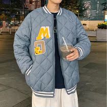 American retro baseball uniform mens winter thick warm couple diamond grid flocking cotton jacket ins
