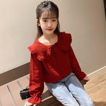 Girl Shirt 2022 Spring Dress New CUHK Child Dolls Collar Red Shirt Light Core Suede Blouse Children Long Sleeves Tide