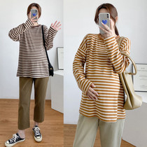Pregnancy Woman Dress Spring Striped Long Sleeve T-Shirt Woman Han Version Loose Pure Cotton Sweatshirt Large Code Inner Hitch Blouses Bottom Jersey Tide