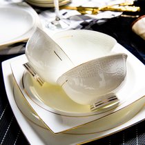 Jingheng high-end bone china dish set home Chinese gold edged tableware set luxury Bowl plate glaze relief