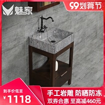 Column basin balcony solid wood bathroom cabinet small household washbasin marble head wash table face wash basin combination