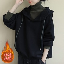 Pregnant women's clothing plus velvet padded vests women's autumn and winter new Korean version of high collar long sleeve fake two casual coat jacket