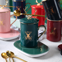 Creative personality Cup ceramic mug with lid spoon trendy water cup female household heating 55 degree constant temperature warm Cup