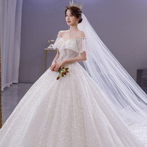 Shoulder wedding dress 2021 New Palace wind heavy industry luxury high texture big tailed bridal main yarn covering arm
