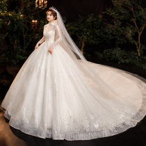 Wedding dress main yarn 2021 new bride big tailing luxury heavy heavy industry advanced texture long sleeve cover arm winter winter