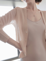 Ice silk knitted cardigan womens 2021 summer new long-sleeved sunscreen air conditioning blouse thin section loose beige apricot top