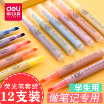 Deli highlighter Fluorescent marker pen Student light color marker pen Color pen Flash two-line pen Candy color soft color hand account pen Note pen Rough stroke key endorsement artifact contour pen