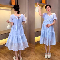 Maternity dress Summer dress thin fashion embroidery sweet fairy skirt Long V-neck thin net red pregnant woman